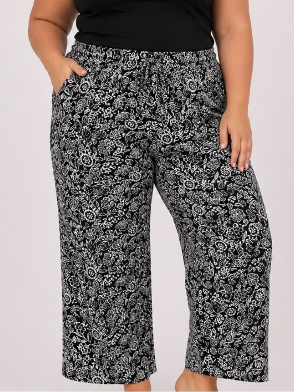 Loft Black & White Floral Wide-Leg Women’s Pants W/ POCKETS pull on SZ XLP